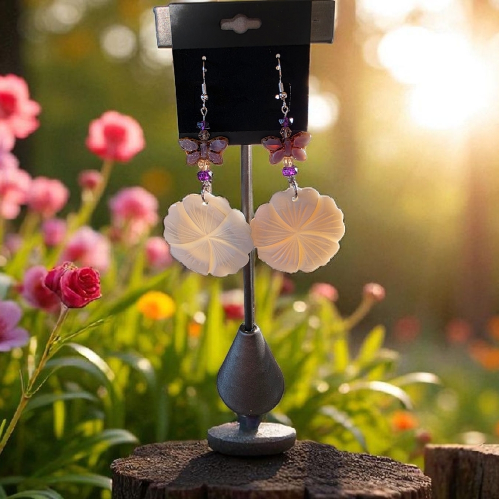 Chic Floral Cream and Purple Earrings
